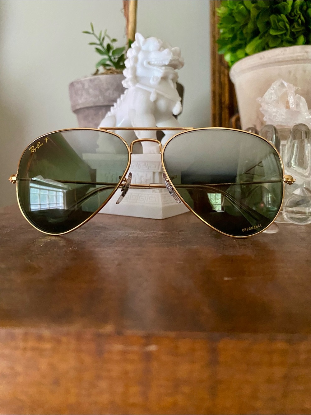 Ray-Ban Polarized Gold Frame Aviator Sunglasses with Gradient Green Mirror Lens